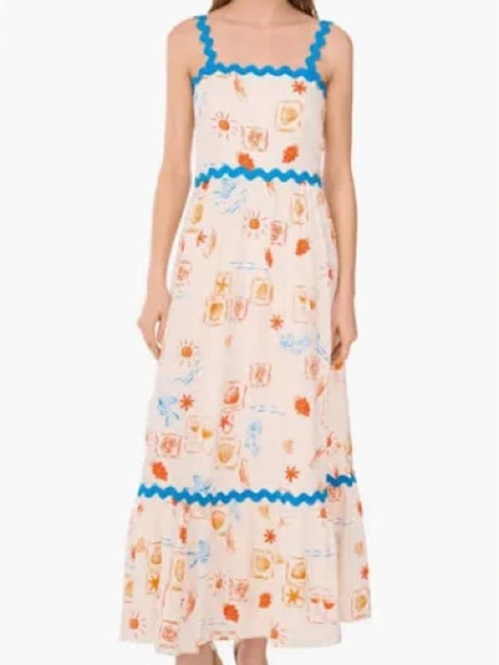 CeCe Coastal Print Linen Blend Midi Dress Cream Blue Mediterranean Ric Rac Trim